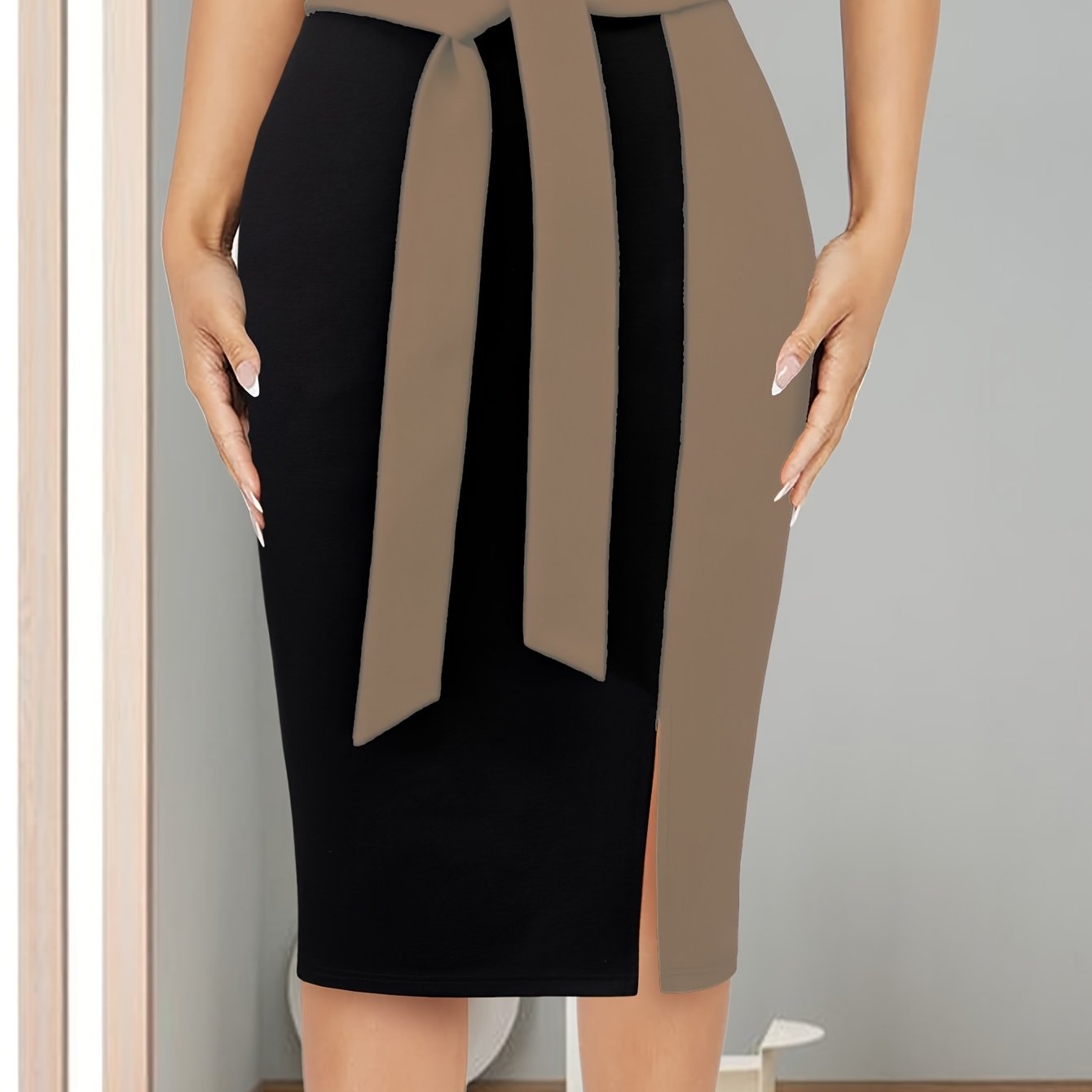 Women's Midi Skirt with Color Block Tie-Waist Rayon Blend for Office or Casual Spring Summer