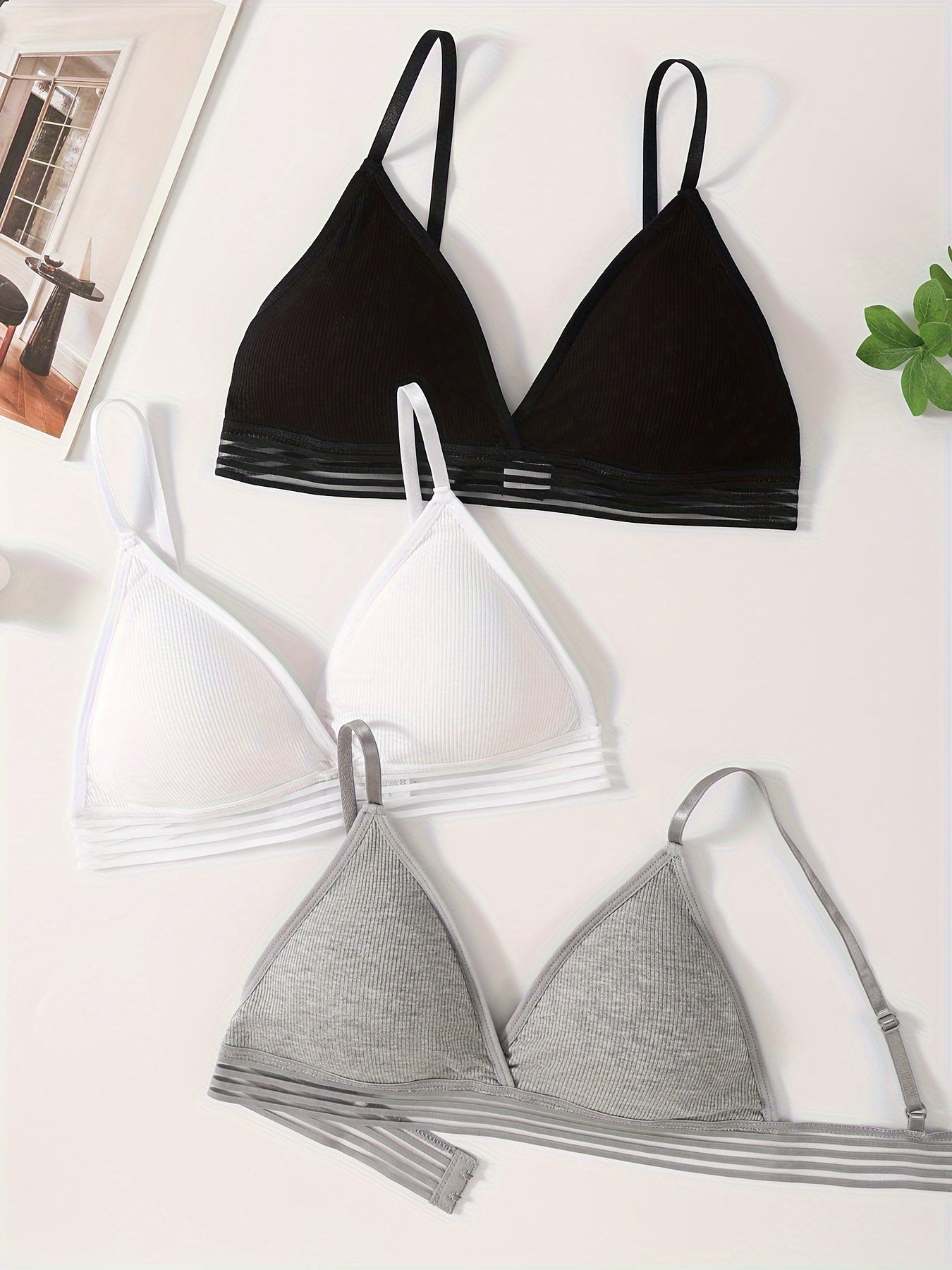 Women's Ribbed Wireless Bras with Removable Pads and Stripes in Black White Gray