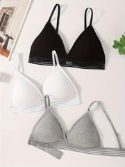 Women's Ribbed Wireless Bras with Removable Pads and Stripes in Black White Gray