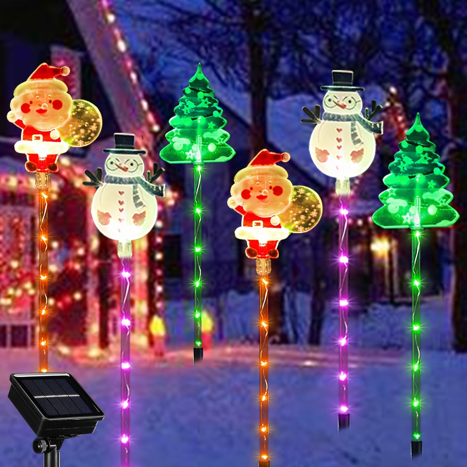 Juego de 6 luces solares LED para jardín con diseños de Santa, muñeco de nieve y árbol para decoración exterior de Navidad