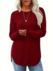 Women's Ribbed Sweater Long Sleeve Round Neck Pullover Solid Color Casual Top