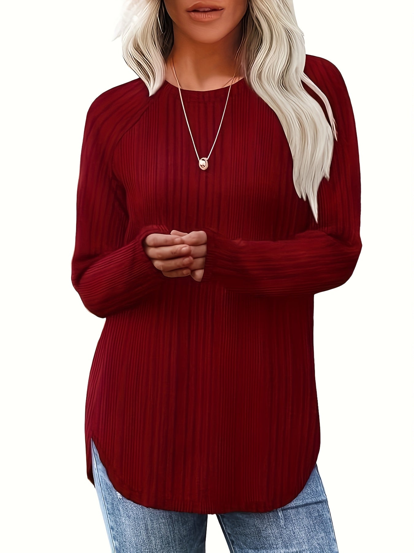 Women's Ribbed Sweater Long Sleeve Round Neck Pullover Solid Color Casual Top