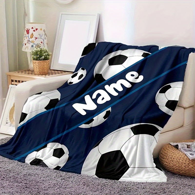 Manta de felpa personalizada con impresión de fútbol, suave y acogedora, personalizable para sofá, cama, viajes y camping
