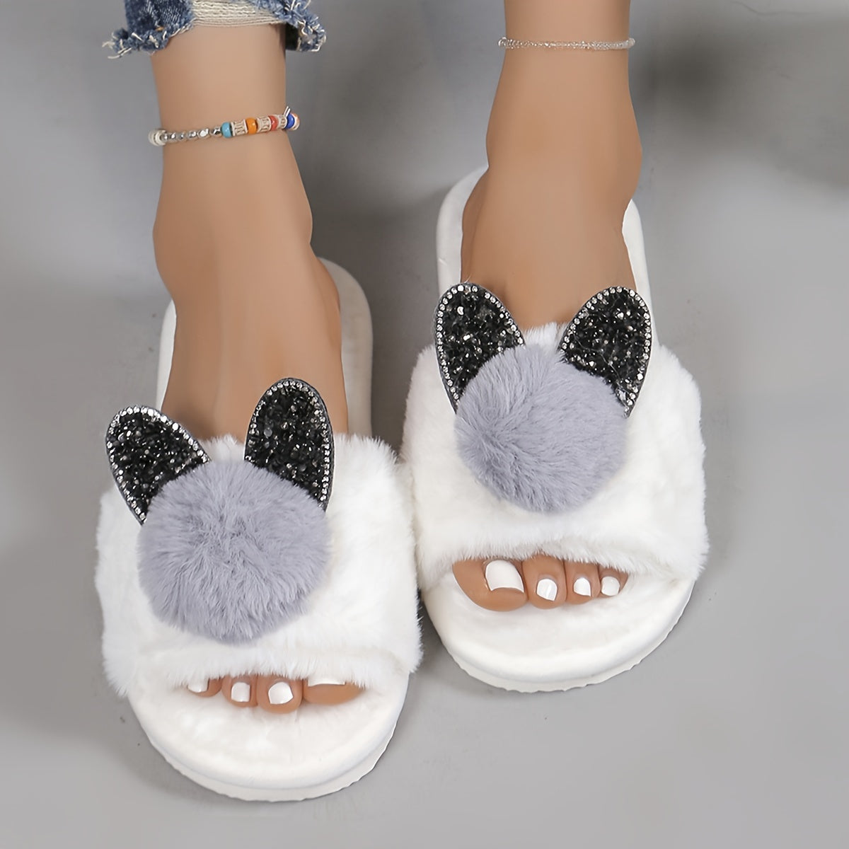 Zapatillas con orejas de conejo con purpurina para mujer, interiores, para todas las estaciones, con felpa de peluche, zapatos de casa de EVA