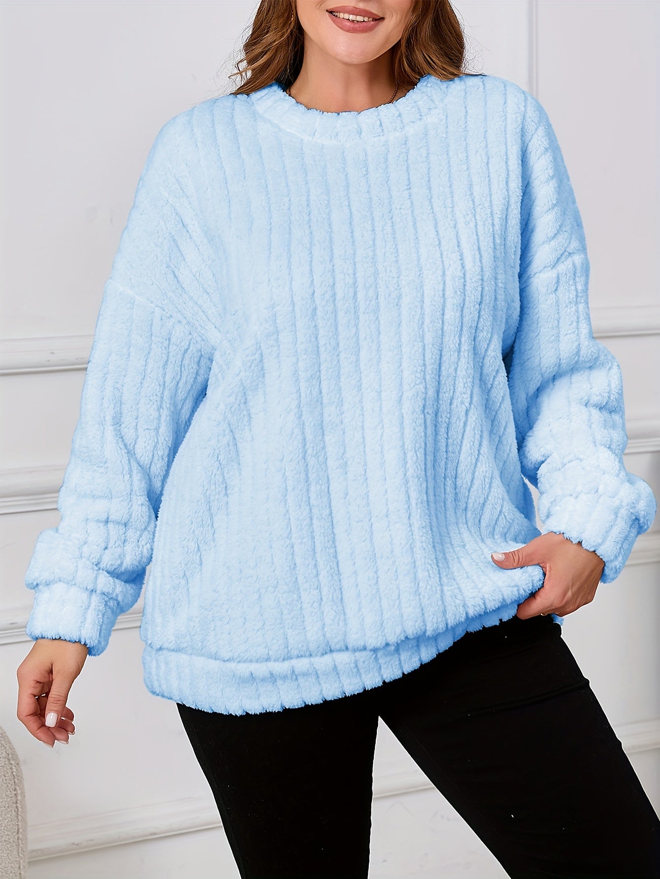 Women's Plus Size Fleece Pullover Sweatshirt Polyester Crew Neck Solid Color Warm Casual