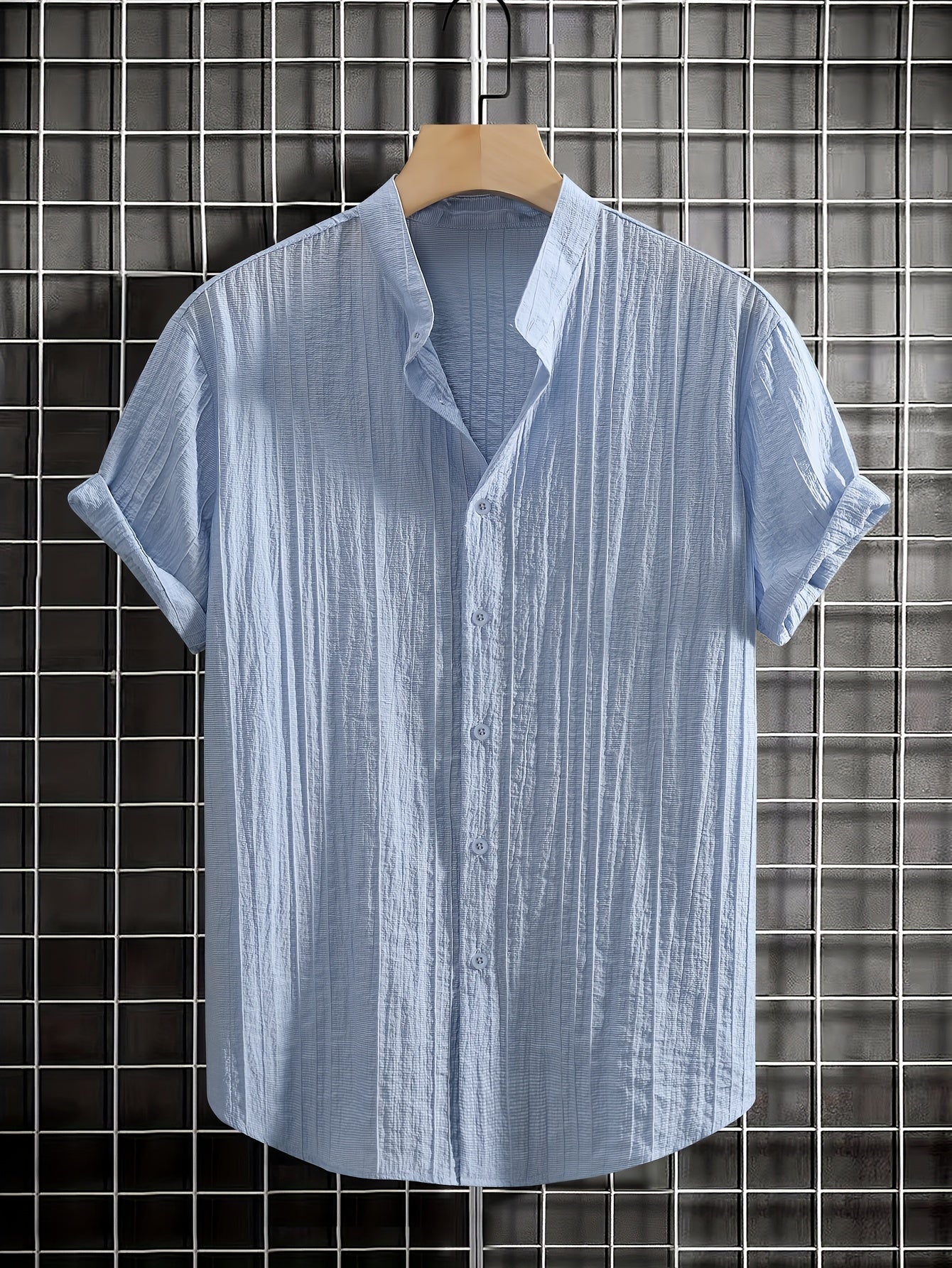 Men's Summer Shirt Solid Color Short Sleeve Woven Lyocell Nylon Stand Collar Casual