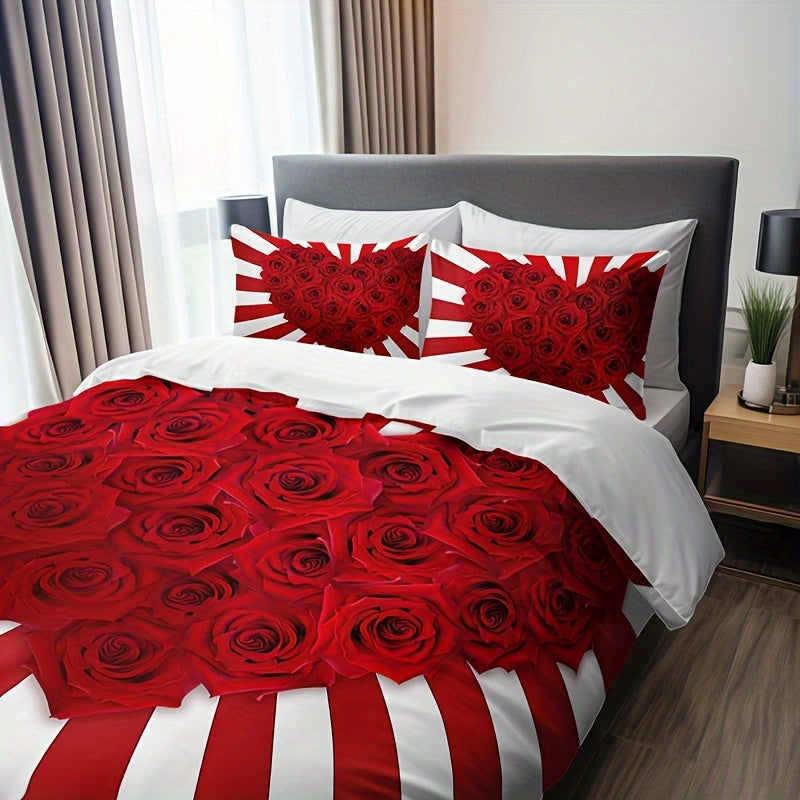 Red and White Rose Floral Print Bedding Set 3 Pieces Duvet Cover and Pillowcases