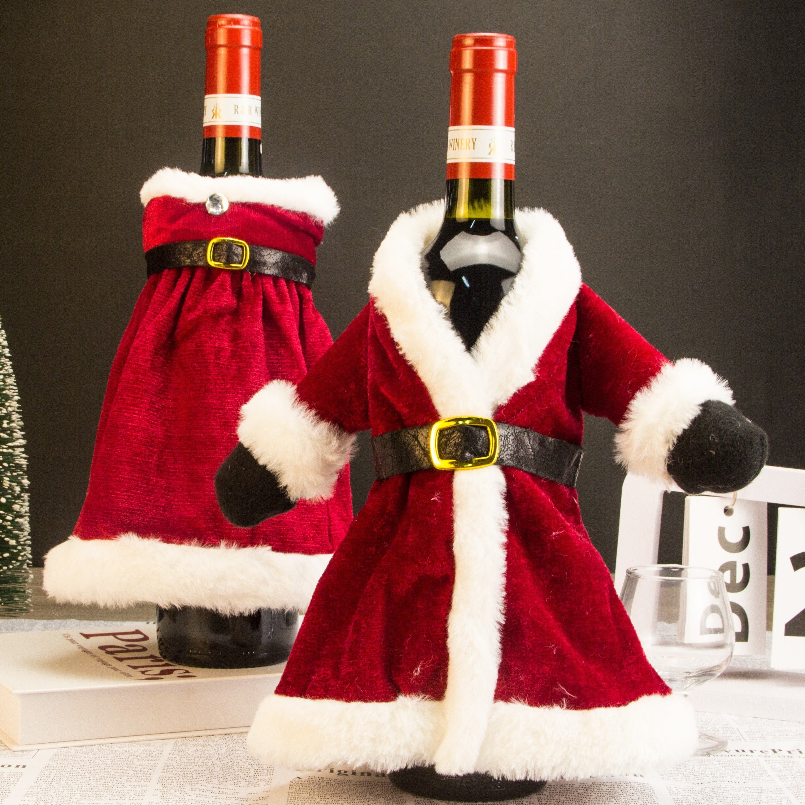 Christmas Holiday Decor Set with Gold Velvet Wine Bottle Cover and Plush Wine Bag