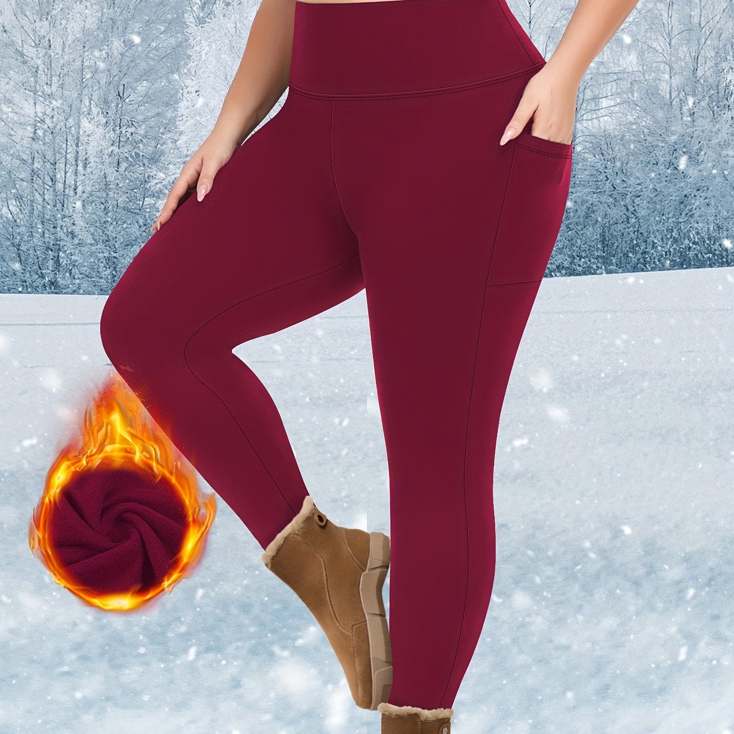 Plus Size Warm Plush Lined High Waist Leggings With Pockets for Women