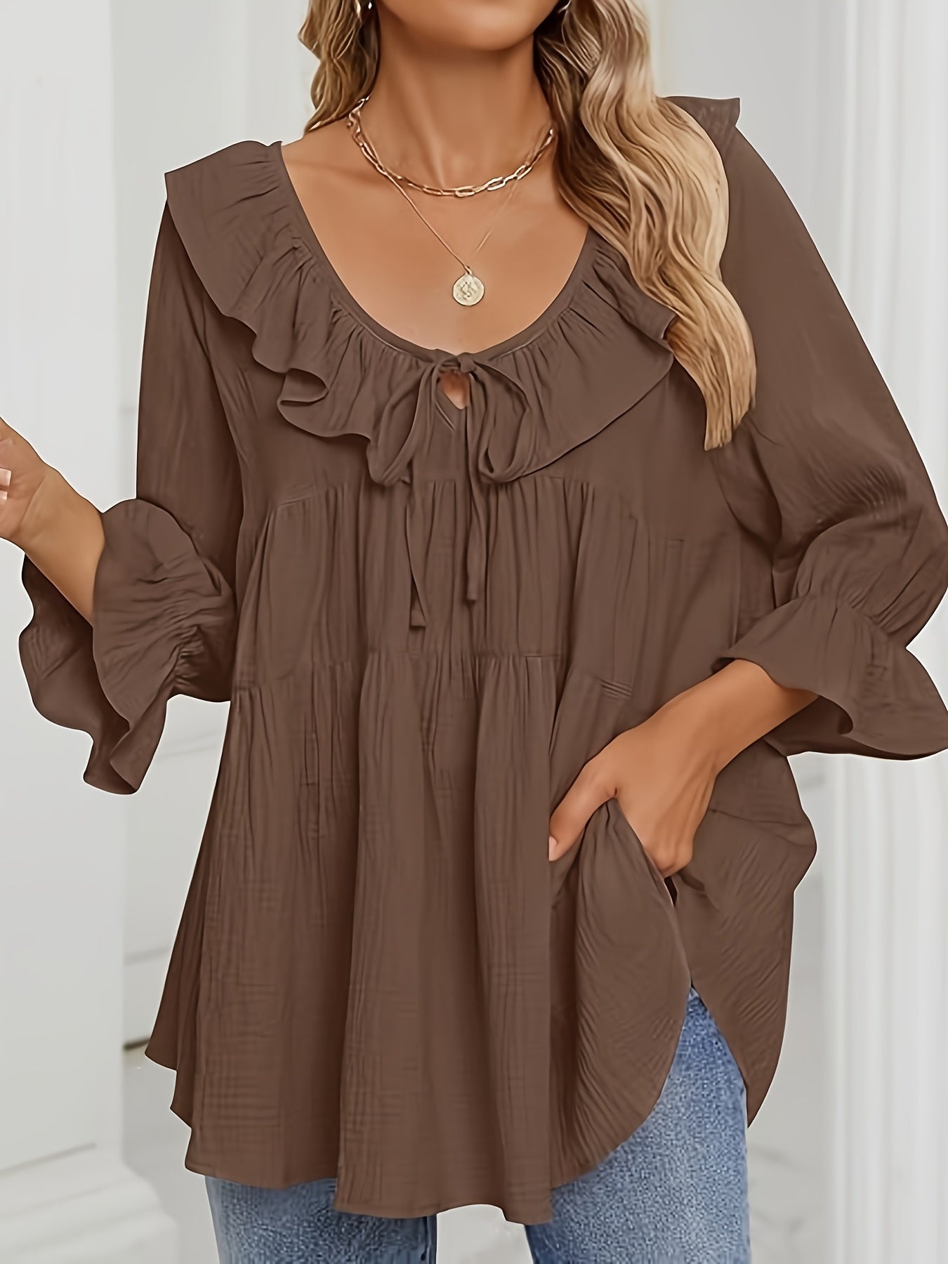 Plus Size Women's Ruffled Viscose Blouse with Ruffled Neck and Drawstring Waist