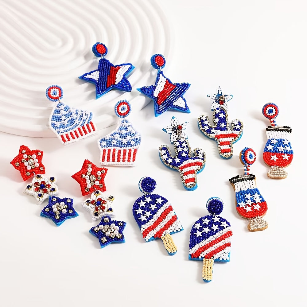 Beaded American Flag Earrings with Celestial Symbols Boho Chic Stainless Steel Posts
