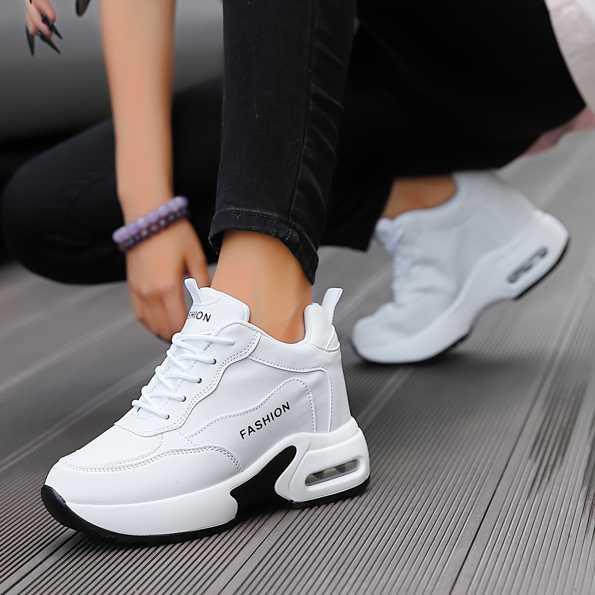 Women's White PU Sneakers Air Cushion Low Top Athletic Shoes