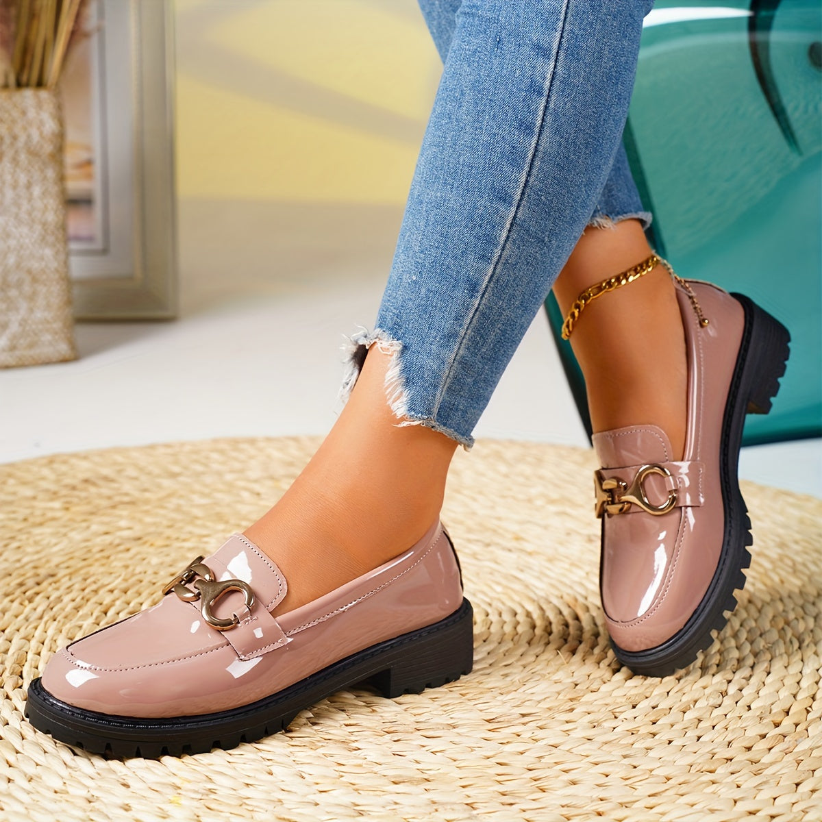 Women Solid Color Penny Loafers Water-Resistant Slip-On Casual Shoes