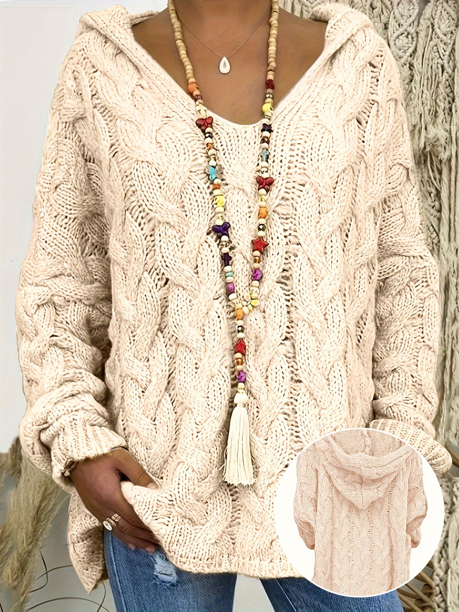 Женский вязаный свитер с капюшоном больших размеров, с длинными рукавами, V-образным вырезом, пуловер