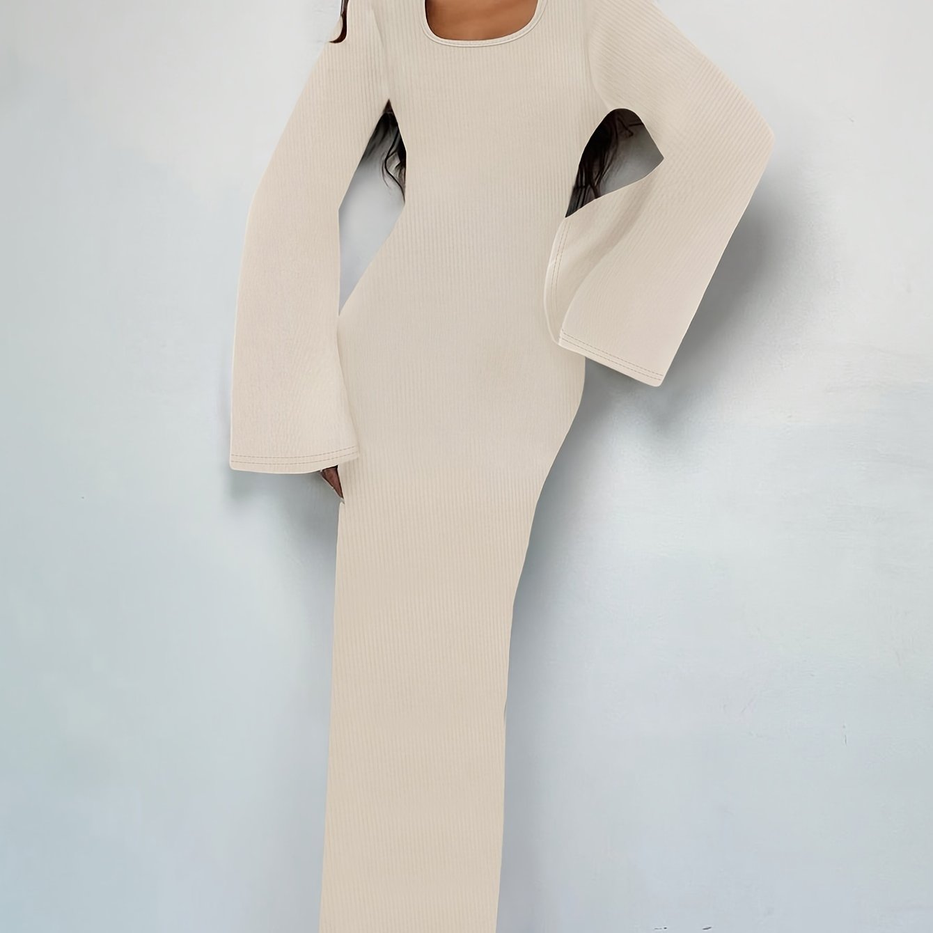 Повседневное платье с длинными рукавами и завязкой на талии для осени/зимы, стильный квадратный вырез, однотонное, можно стирать в машине.