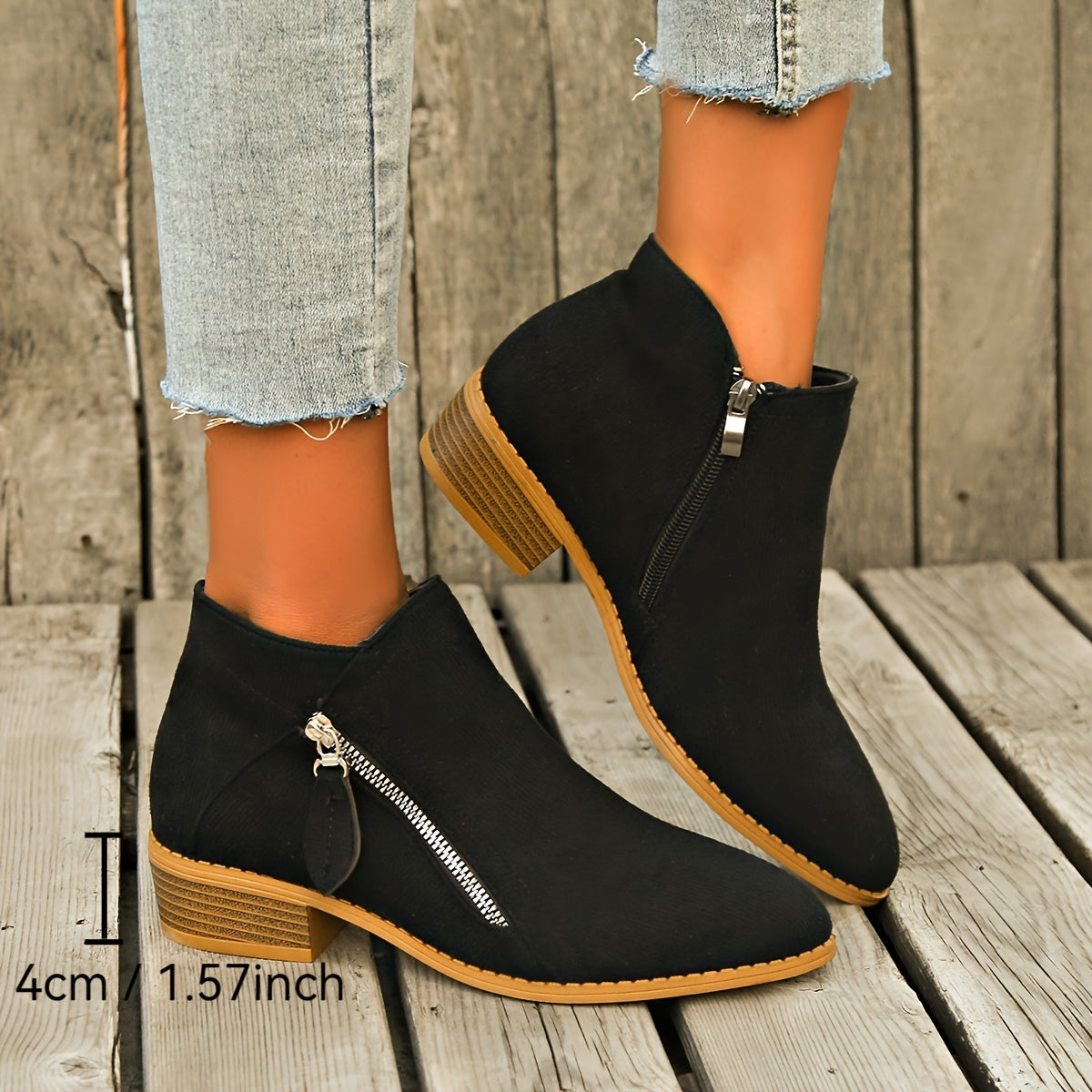 Women's Ankle Boots Retro Solid Color Casual Leather Footwear with Chunky Heel