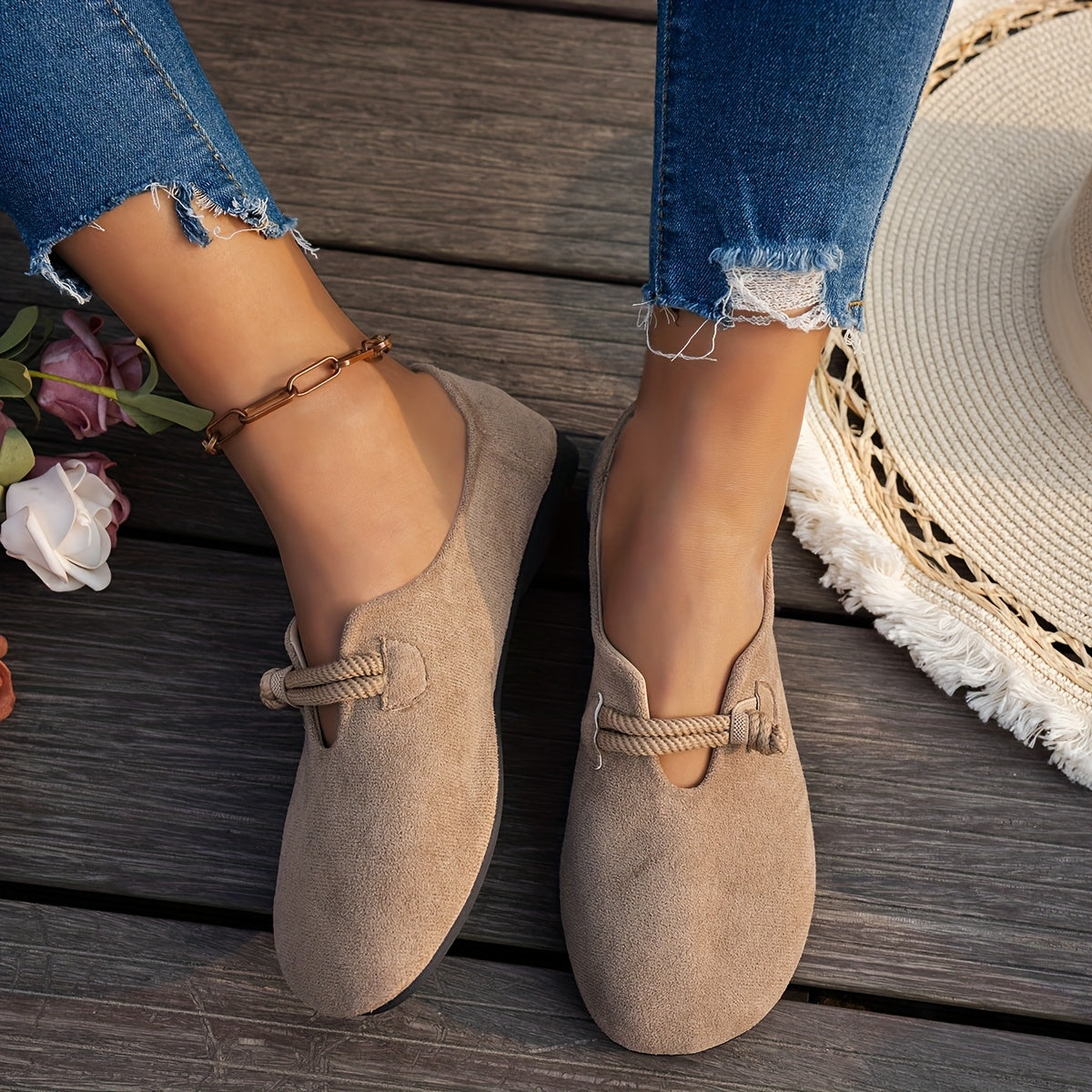 Women's Soft Sole Brown Flats, Slip-On Casual Shoes, Non-Slip Rubber