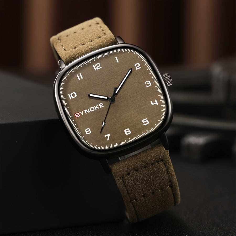 Men's Retro Army Green Quartz Watch Minimalist Sports Square Alloy Case Synthetic Leather Strap Not Waterproof