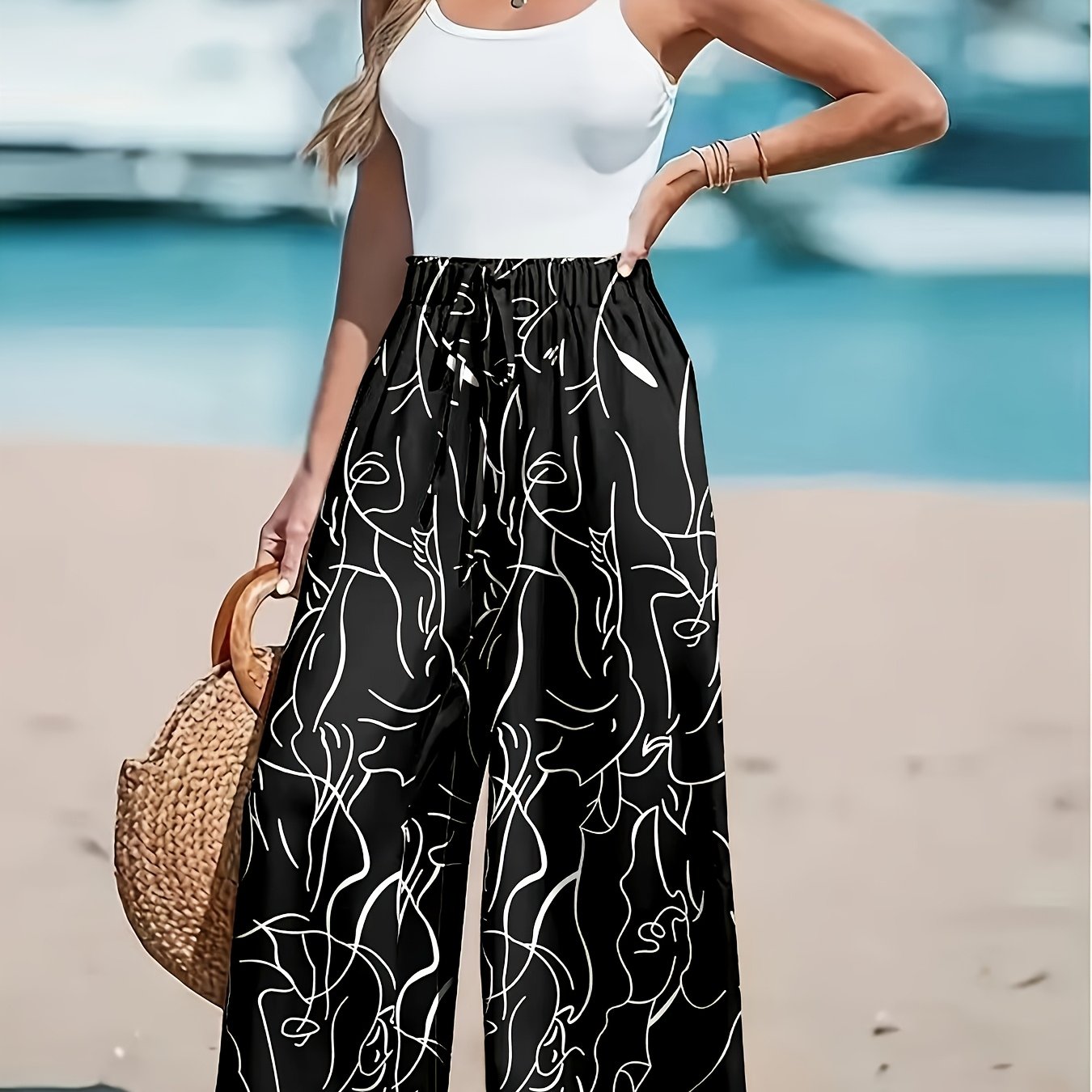 Women's Plus Size Black and White Striped Wide-Leg Pants Loose Fit Lightweight Summer Trousers