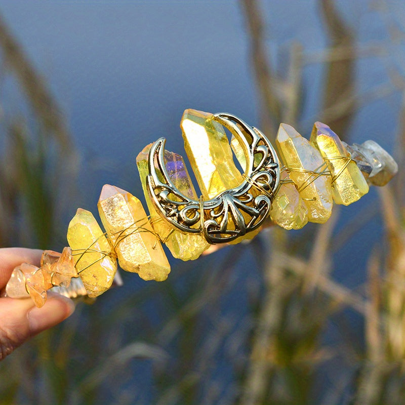 Women's Hair Accessory Headband with Natural Crystal and Moon Tiara Design