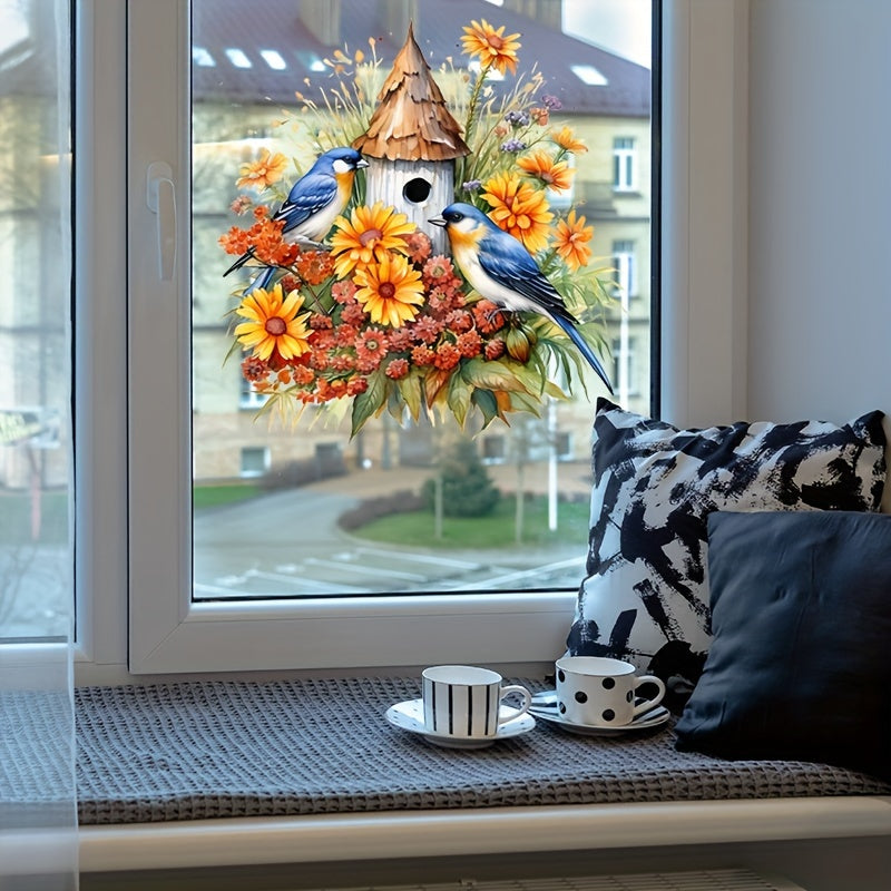 Matte Finish Vinyl Sticker Blue Birds Floral Birdhouse Decor 30cm