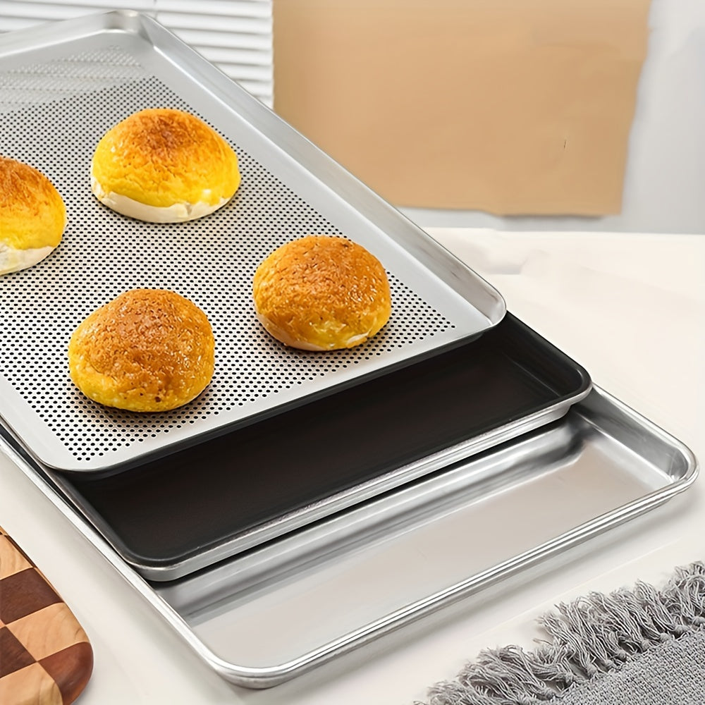 Анодированный противень с антипригарным прямоугольным формой для выпечки, перфорированным дизайном и дышащим серебристым алюминиевым материалом для инструментов для выпечки в духовке.