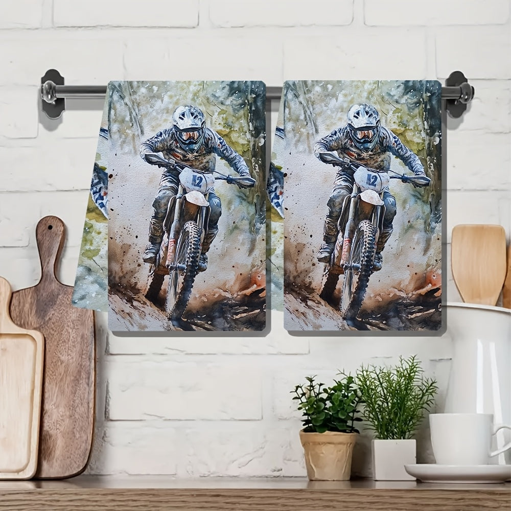 Set of 2 Ultra Soft Kitchen Towels Enduro Bike Rider Design 40x60cm Absorbent
