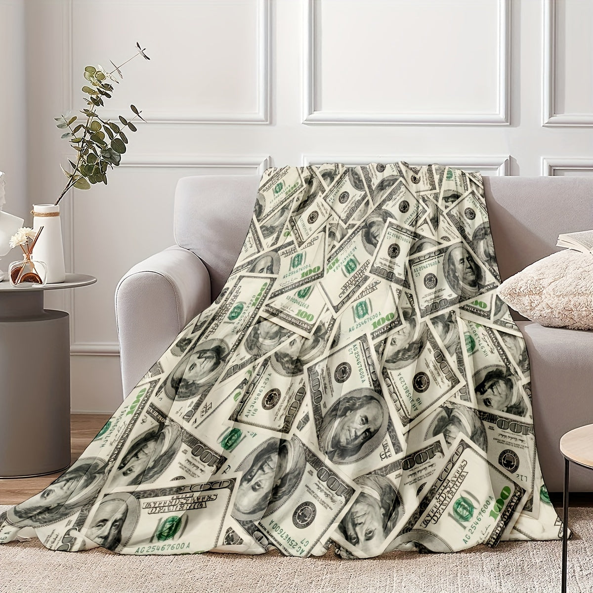 Soft Flannel Blanket with Dollar Print for Nap Time Travel and Gifting