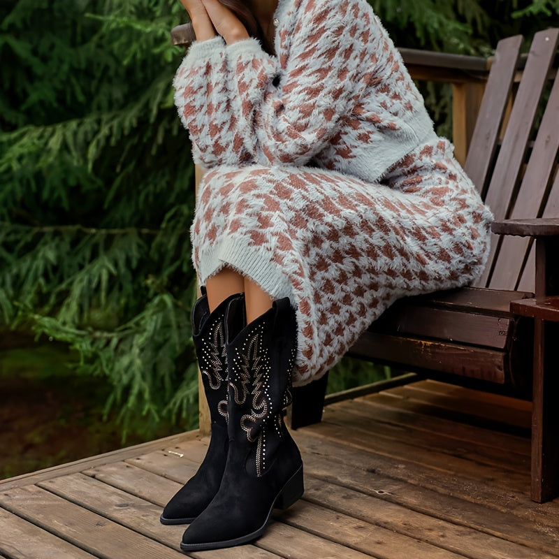 Women's Cowboy Boots Black Embroidered Ankle Zipper Pointed Toe Chunky Heel