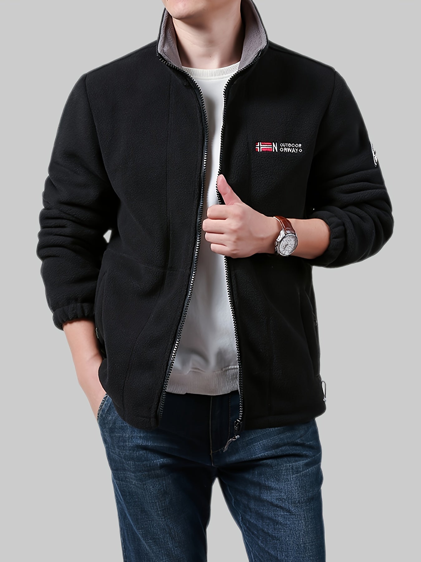 Men's Fleece Zipper Jacket for Autumn Winter Outdoor Casual Solid Polyester