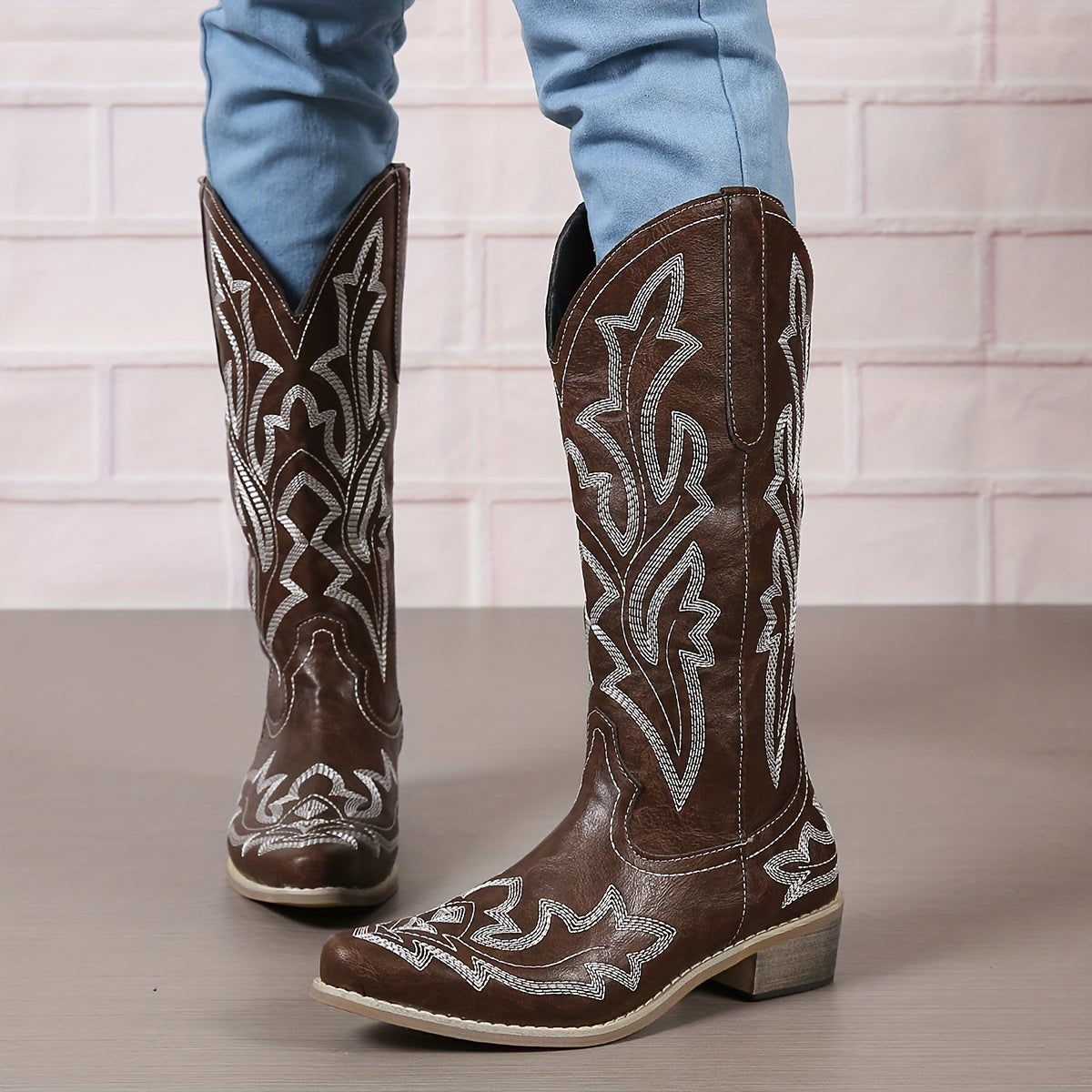 Women's Mid Calf Leather Western Cowboy Boots With Embroidery