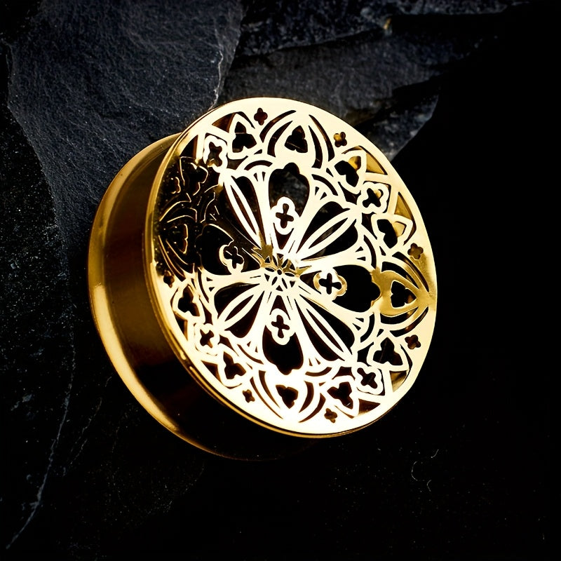 2 ta Hip Hop zanglamas po'latdan yasalgan quloq kengaytmalari to'plami, oltin gullar dizayni bilan - Har kuni kiyish va partiyalar uchun ideal. Kengaytiriluvchi yoki tunel sifatida ishlatilishi mumkin.