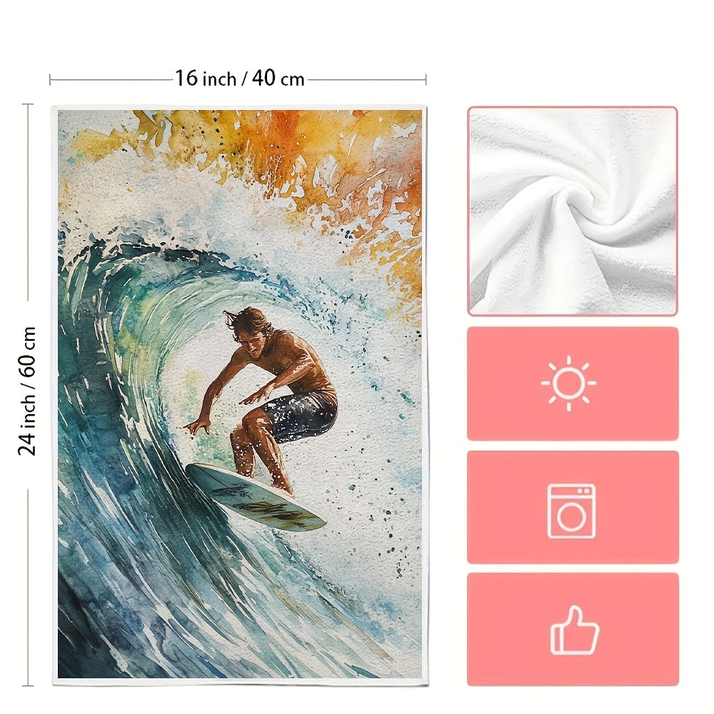 Set of 2 Ultra Soft Surfing Dish Towels, Vibrant Design, Absorbent, Quick-Dry
