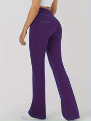 Женские спортивные леггинсы с расклешёнными штанинами и карманами, высокая талия, однотонные, эластичные штаны plus size