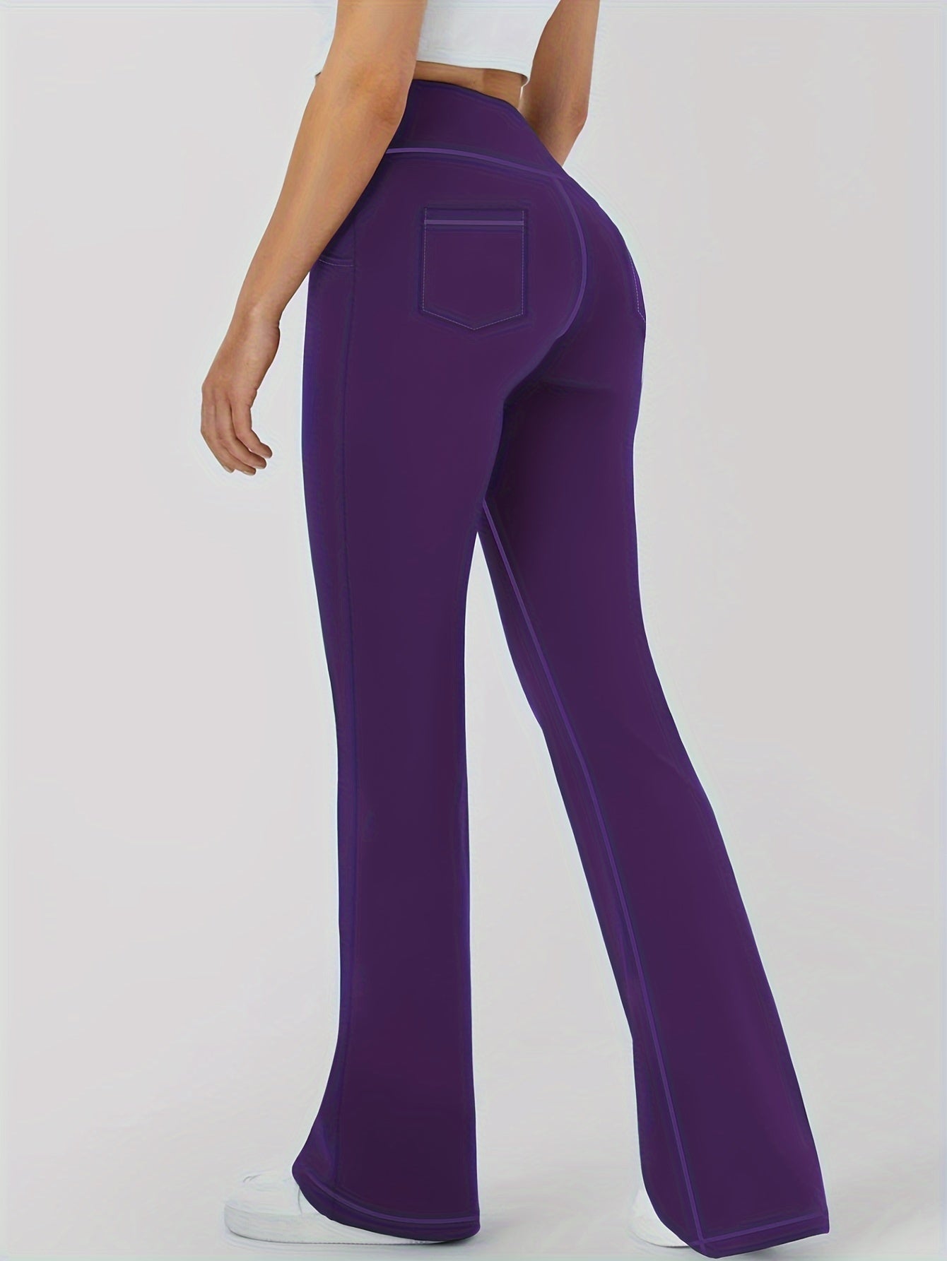Женские спортивные леггинсы с расклешёнными штанинами и карманами, высокая талия, однотонные, эластичные штаны plus size