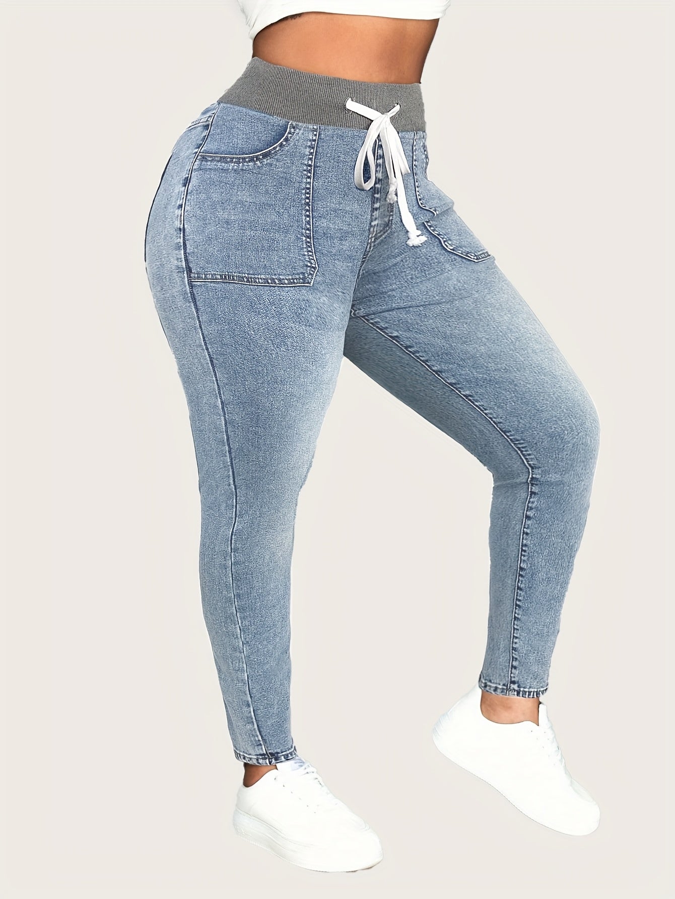 Men's Denim Jeans Slim Fit Wide Ribbed Wide Waistband Casual Stylish