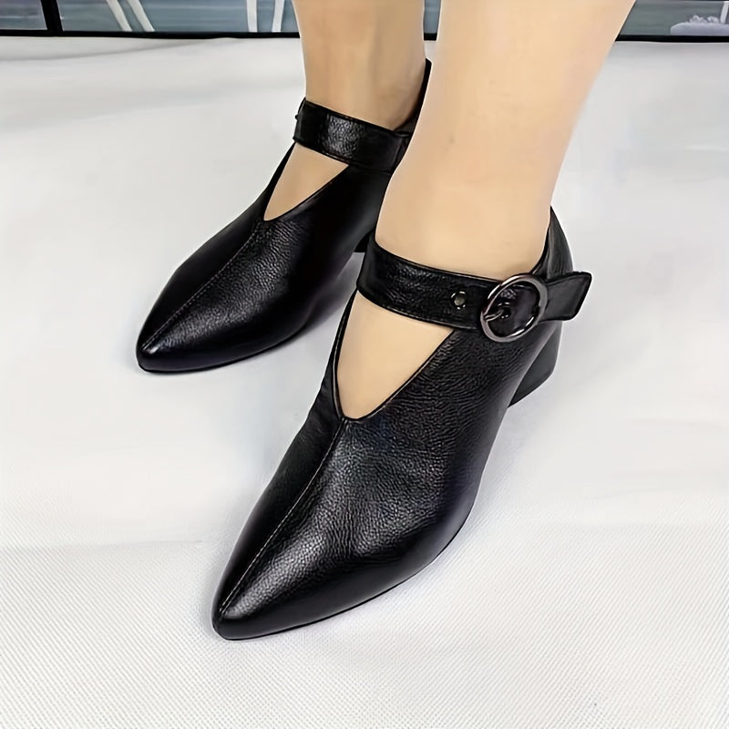 Women's Summer Solid Color Low Block Heel D'Orsay Shoes with Buckle and Pointed Toe