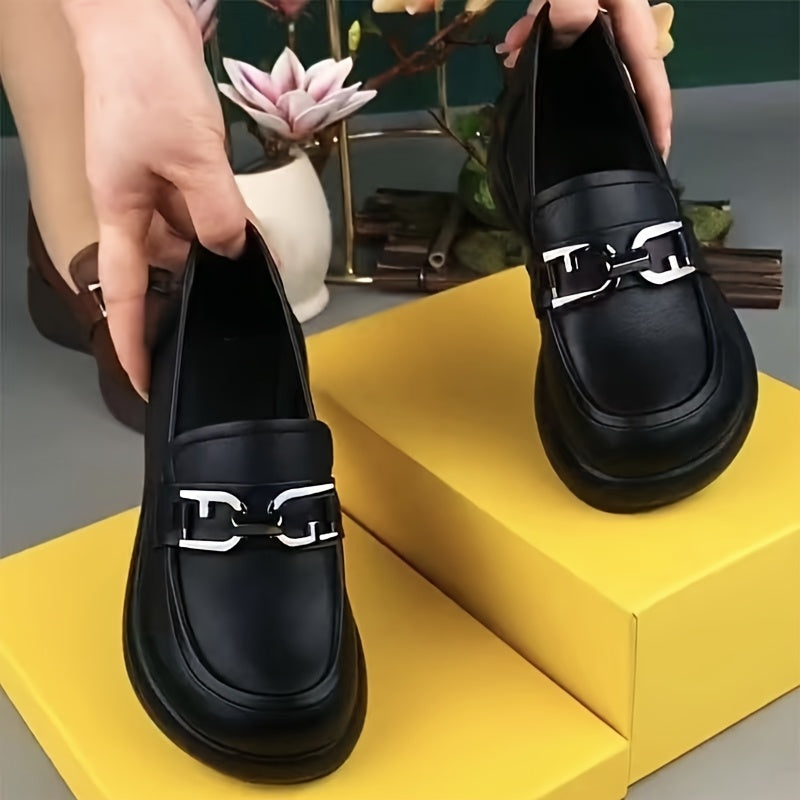 Women's Brown PU Loafers with Metallic Buckle Slip-Resistant Cushioned Sole