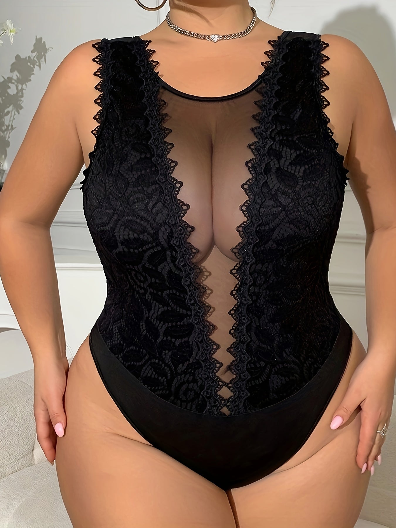 Women's Black Lace-Trimmed Sheer Mesh Bodysuit Slim Fit Sleeveless Spandex Stretchy