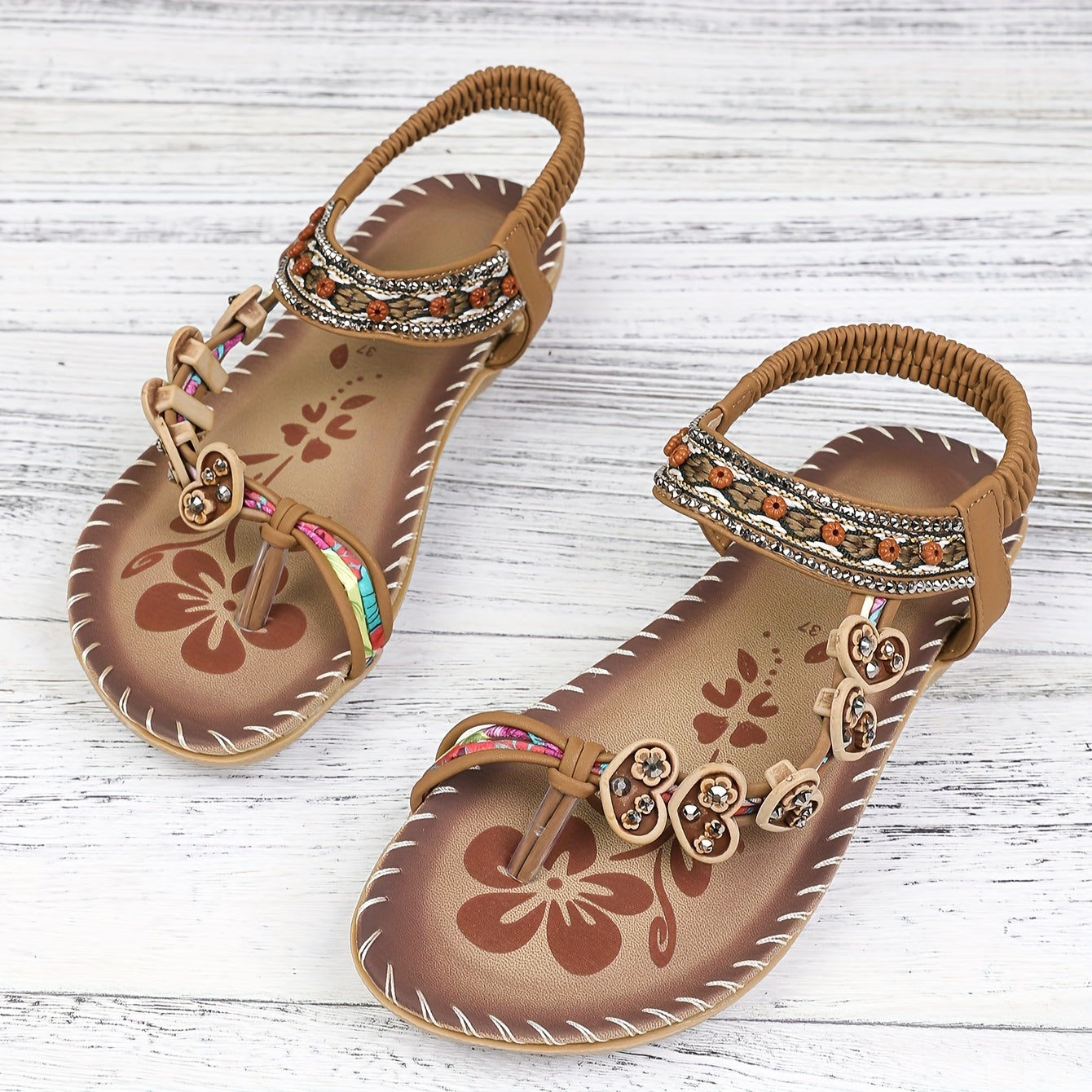 Women's Bohemian Flat Sandals with Beaded Rhinestone Accents in Brown and Gold