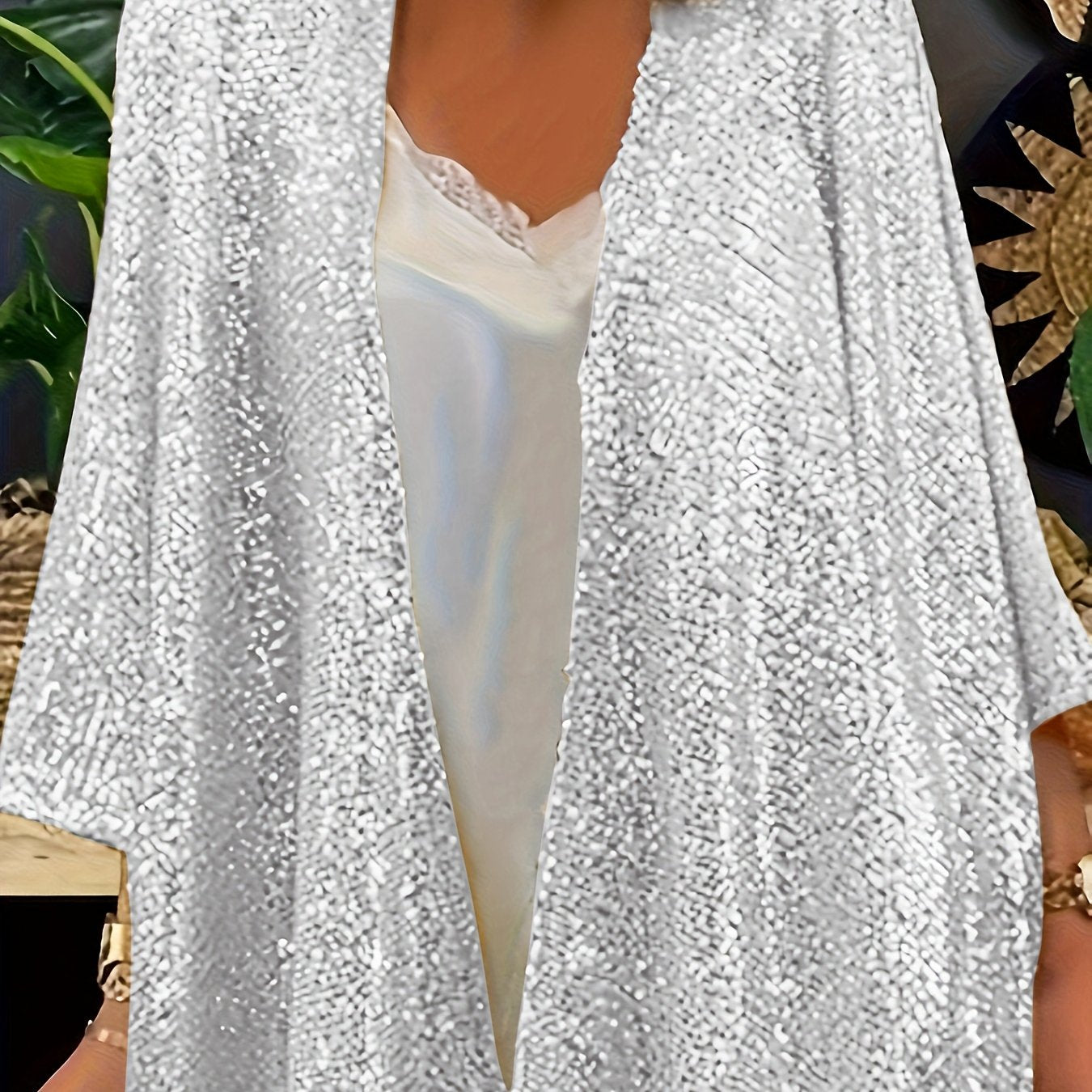 Plus Size Women's Sequin Sleeve Blouse Vivid Red Open Front Casual Formal