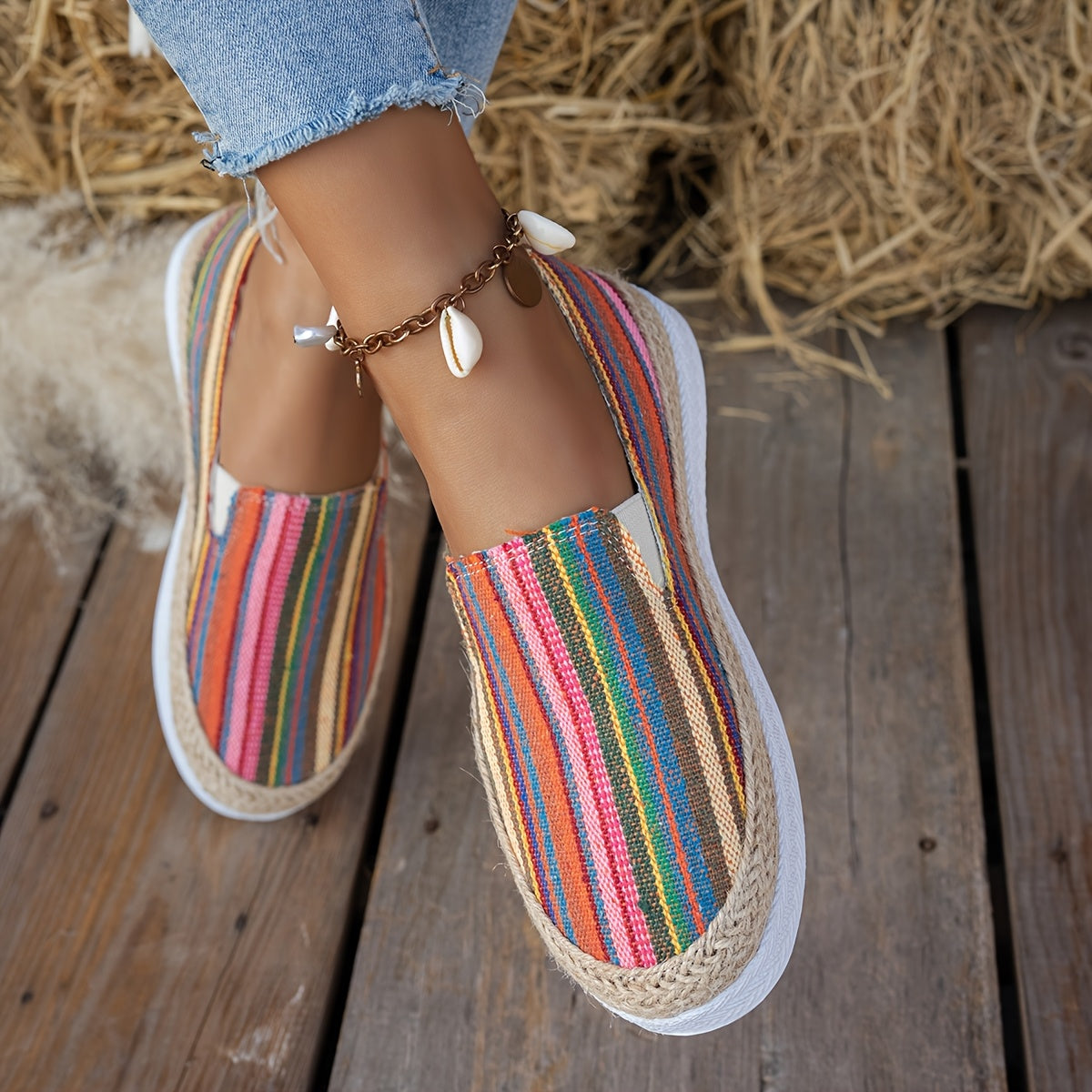 Women Bohemian Colorful Striped Flat Shoes Open-Toe Slip-On