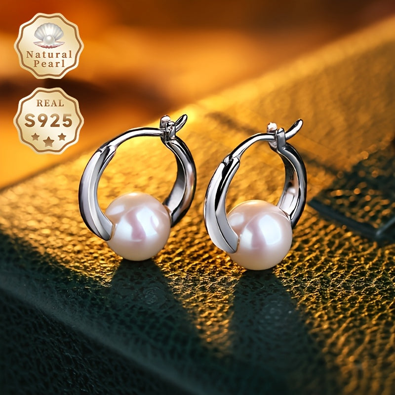Women’s Freshwater Pearl Hoop Earrings 8-9mm Silver Post Gift for June Birthdays