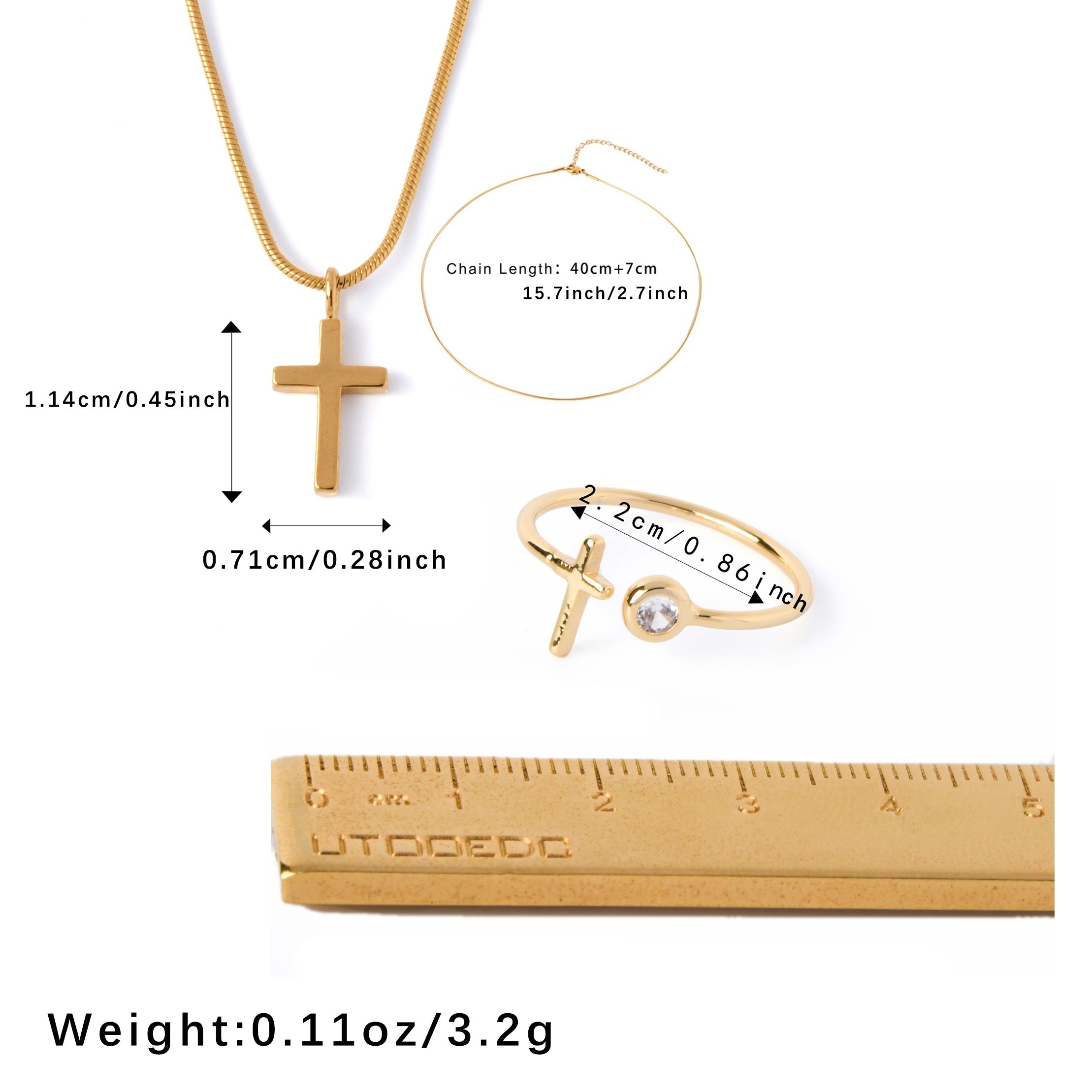 Women's Gold-Plated Zirconia Cross Jewelry Set Necklace and Ring Gift Box