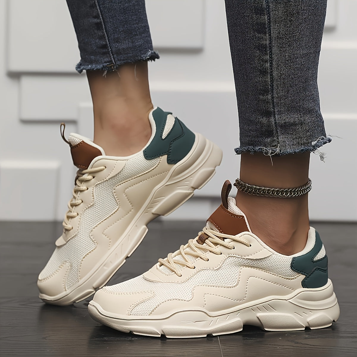 Women's Breathable Mesh Running Sneakers, Khaki Casual Lace-Up Shoes