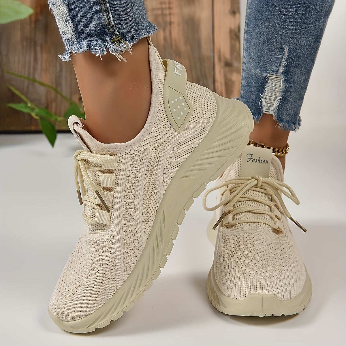 Women's White Knit Fabric Sneakers with EVA Sole and Breathable Lace-Up Design