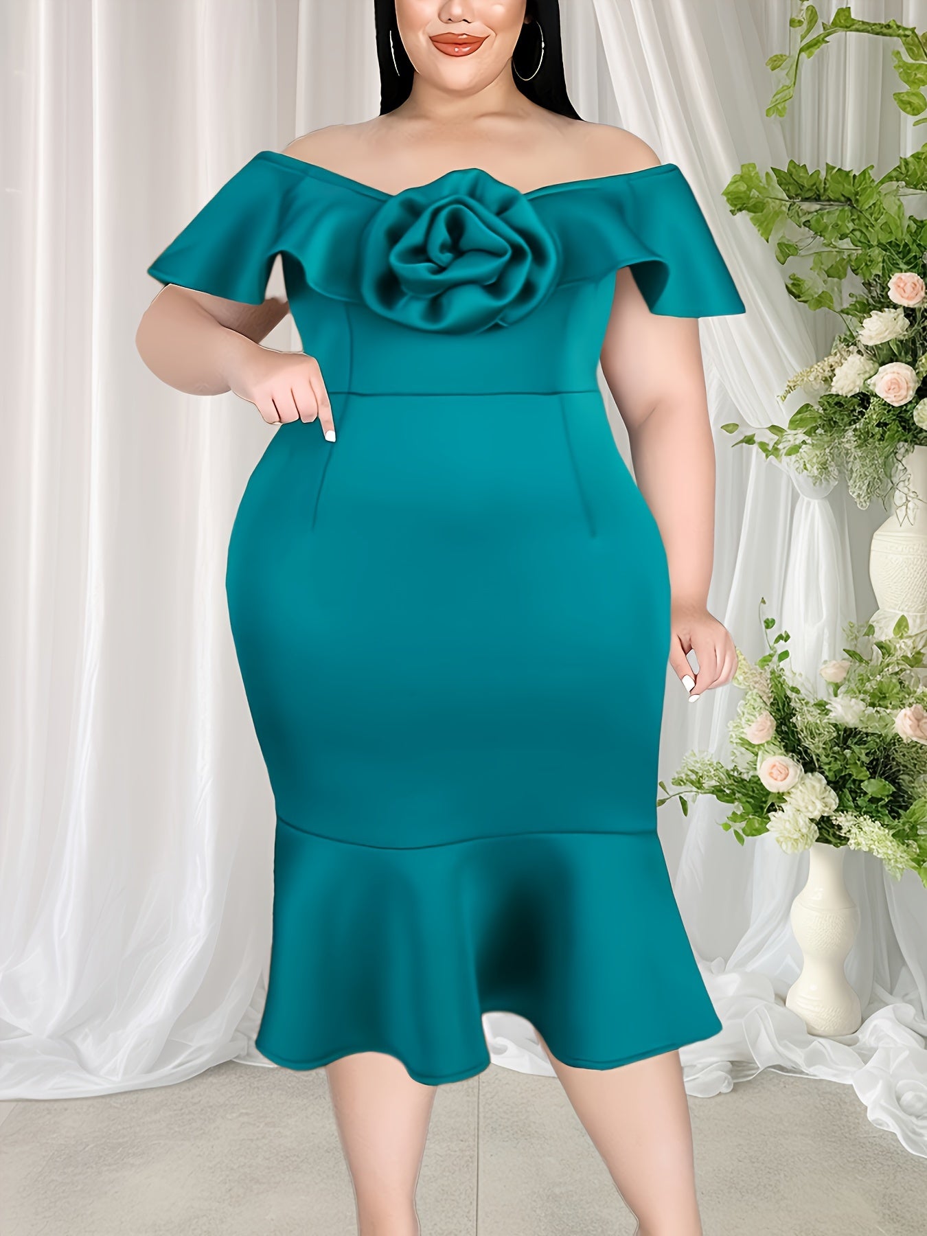 Plus Size Bodycon Mermaid Hem Dress Off Shoulder Floral Ruffle Midi Party