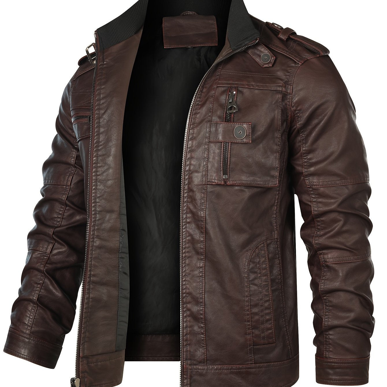 Men's Retro Motorcycle PU Jacket with Zipper and Multiple Pockets for Autumn Winter