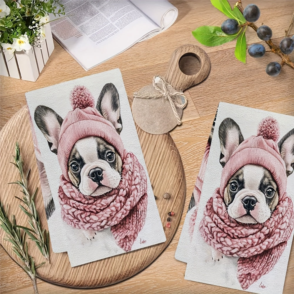 Set of 2 Ultra Soft Kitchen Towels with French Bulldog Puppy Design, Absorbent, 40x60 cm