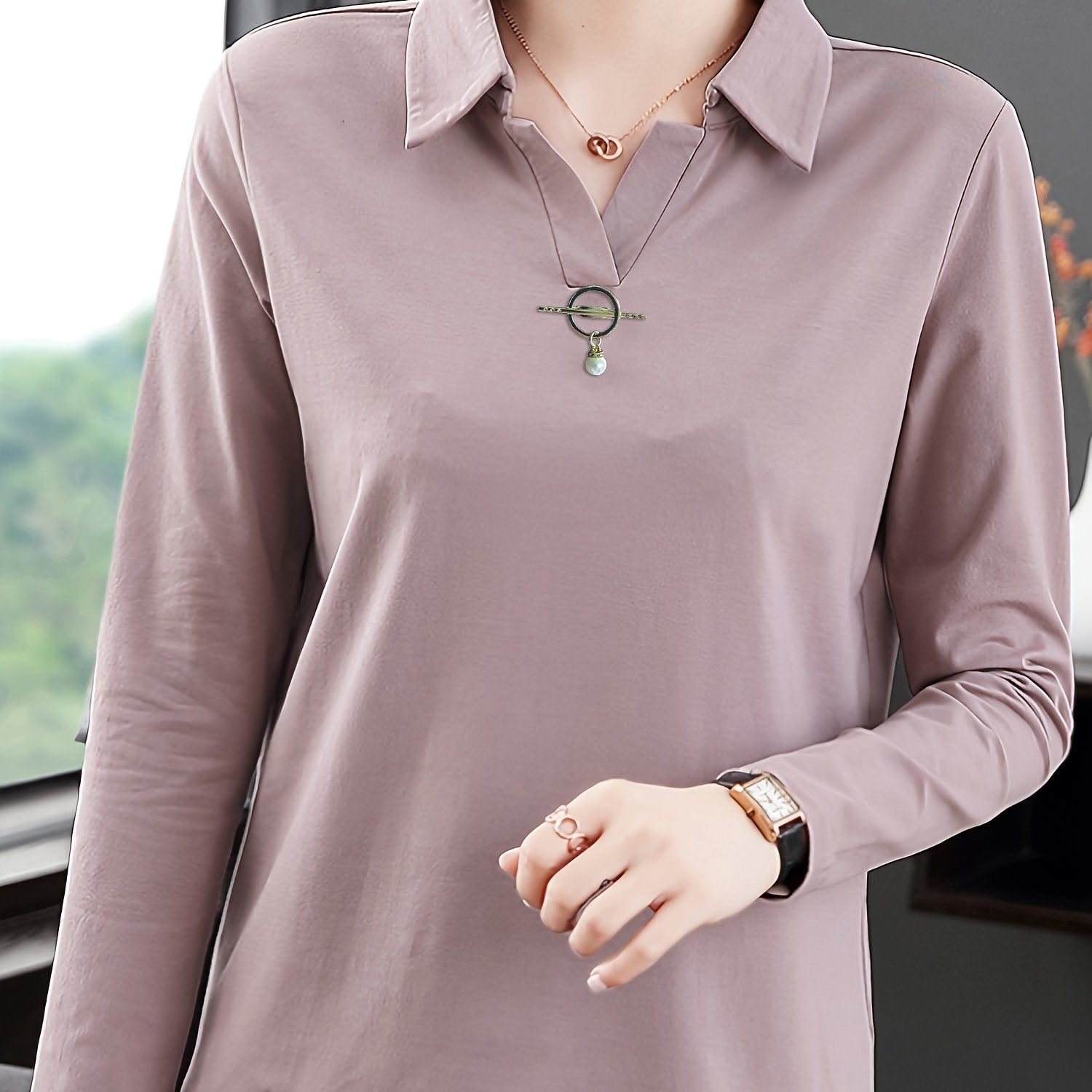 Women's Solid Color Long Sleeve Collared T-Shirt for Spring and Fall